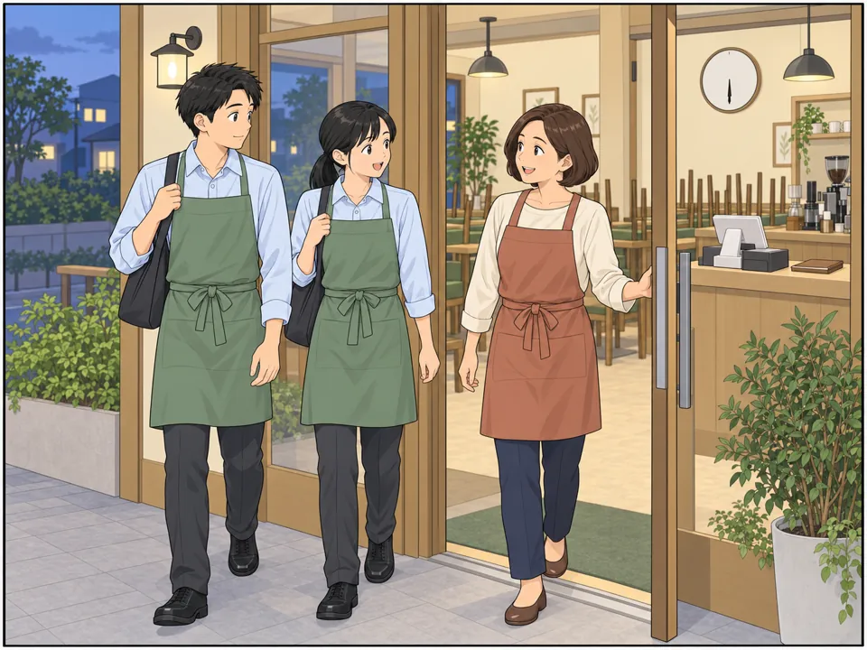 夕方、オーナーがレジの締め作業をすぐに終え、スタッフたちと笑顔で店を出ていく。時計はまだ早い時間。