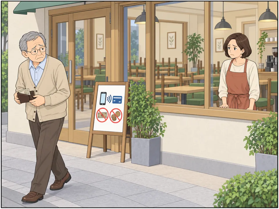 財布を手にした常連の高齢男性が、入口の看板を見てがっかりした様子で帰っていく。店内は空席が目立つ。オーナーが窓越しにそれを見て、悲しそうな表情。