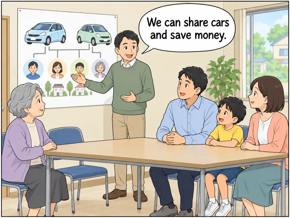 地域の集会所。男性が「Car-Sharing Plan」と書かれたポスターを指して近所の人たちに説明している。住民たちは興味深そうに聞いている。 吹き出し:We can share cars and save money.