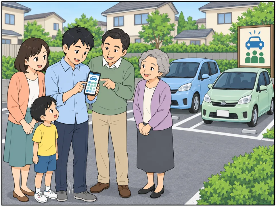 近所の駐車場に共有の車が2台。「Community Car-Sharing」の看板。住民がスマホのアプリで予約していて、男性が使い方を教えている。