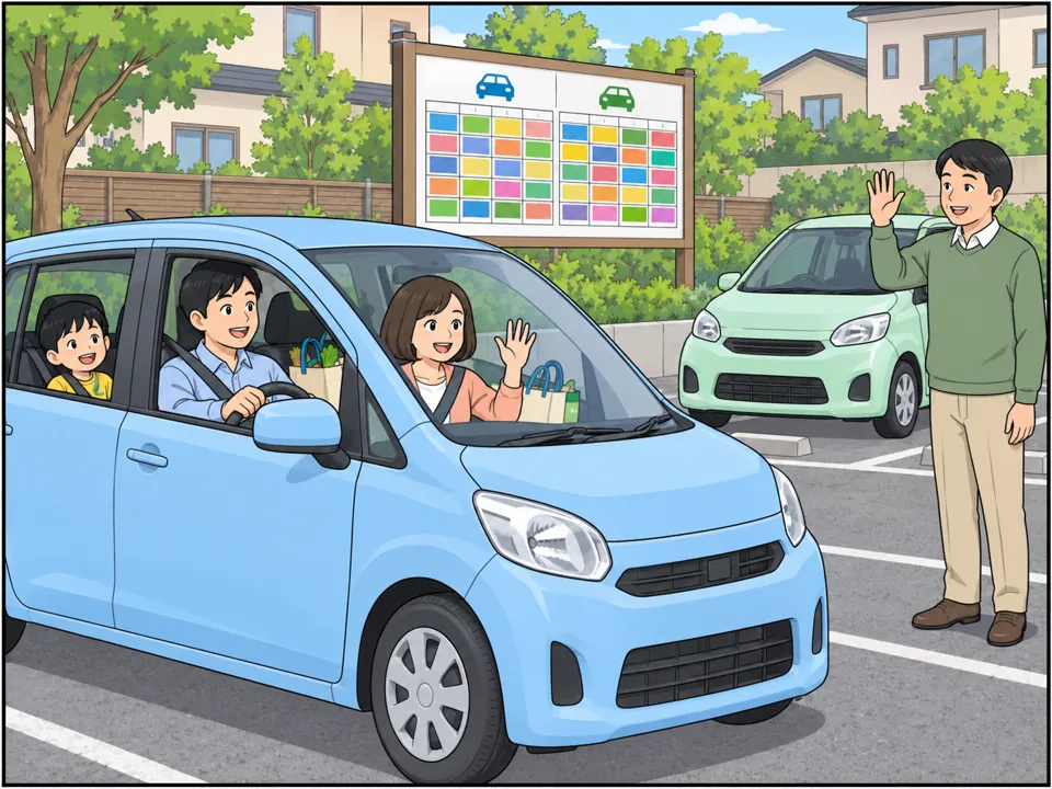 駐車場の予約表はうまっている。若い家族が共有の車に乗って買い物に出かけ、男性に手を振っている。男性は笑顔で手を振り返している。