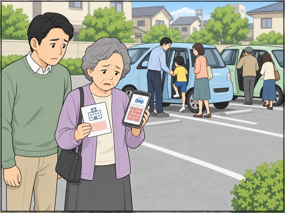 病院の予約票を持った高齢女性がスマホの画面「Fully booked」を見て困っている。駐車場の車には同じ住民たちが乗り込んでいる。男性は女性のがっかりした顔を見て、困った表情。