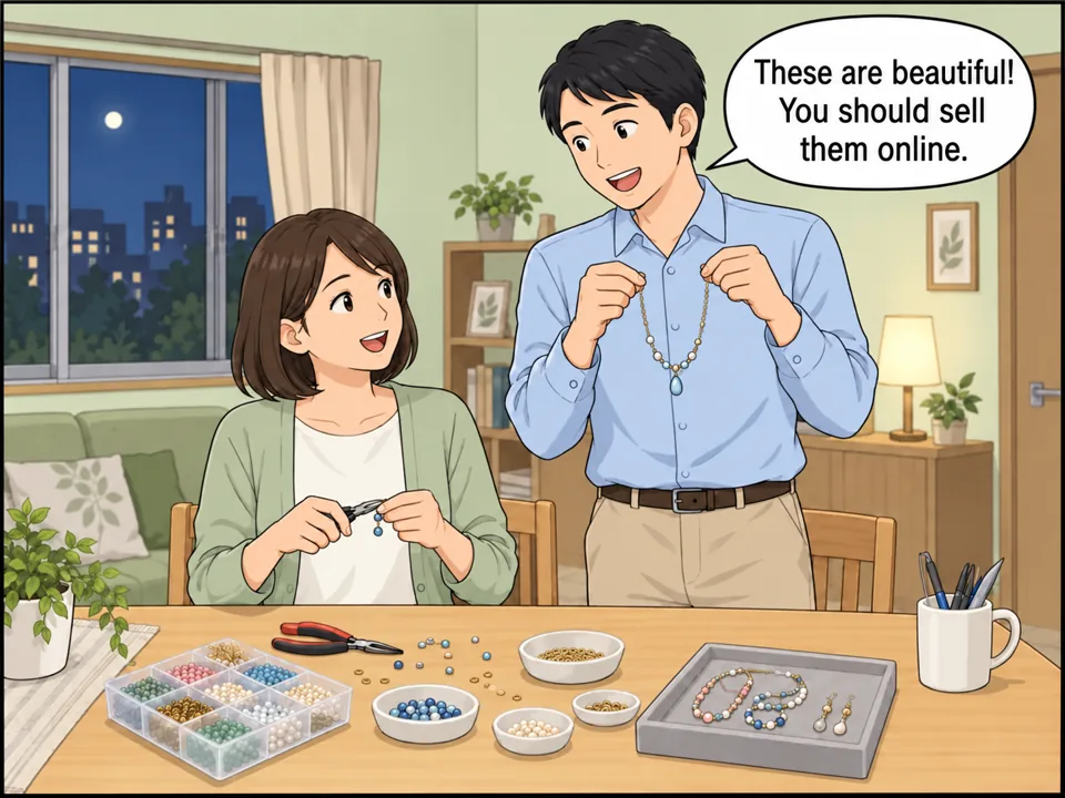 夜の自宅。仕事から帰った女性がテーブルで手作りのイヤリングやネックレスを作っている。夫がそれを手に取ってほめている。 吹き出し：These are beautiful! You should sell them online.