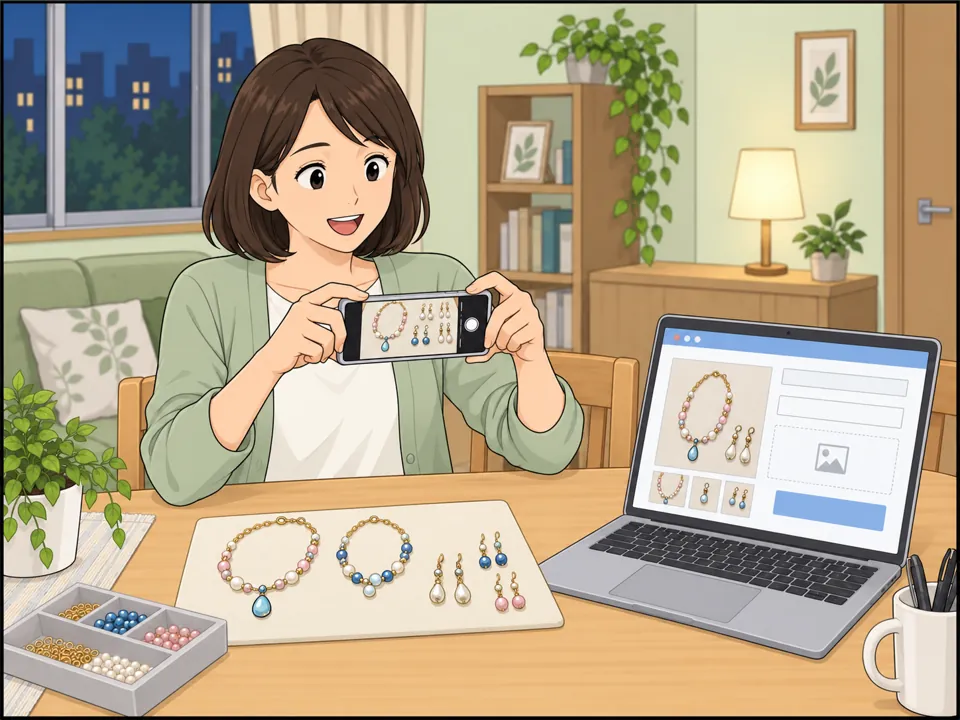 女性がアクセサリーをきれいに並べてスマホで写真を撮っている。パソコンの画面にはネットショップの出品ページ。