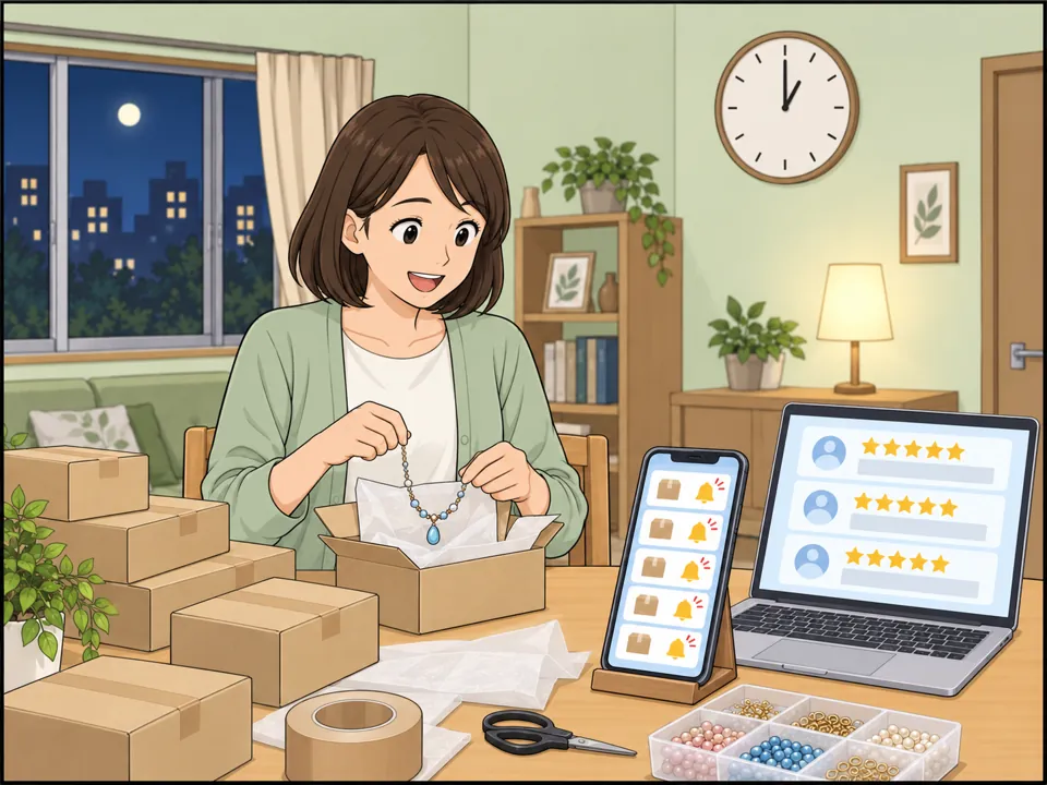 スマホに「New order!」の通知がたくさん。パソコンの画面には星5つのレビューが並ぶ。夜遅く（時計は午前1時）、女性が笑顔で商品を箱に詰めている。