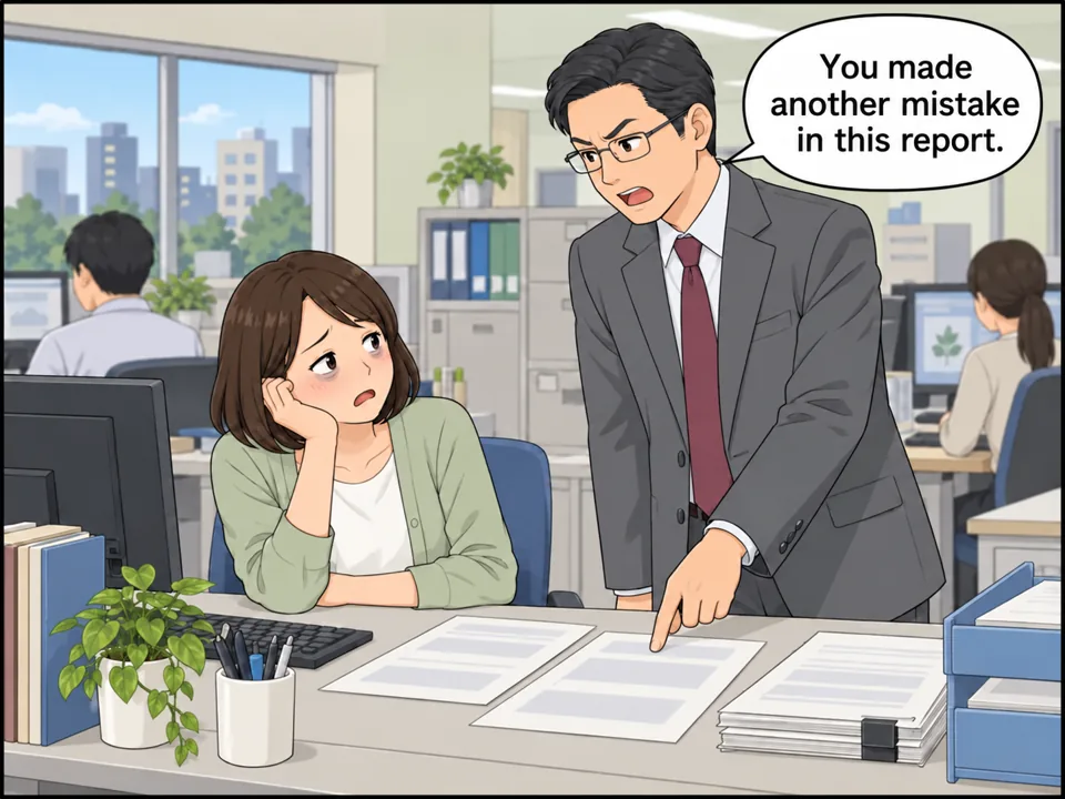 会社のオフィス。机で居眠りをしていた女性を、上司が書類を指さしながら叱っている。女性は疲れきった顔で、恥ずかしそう。 吹き出し:You made another mistake in this report.