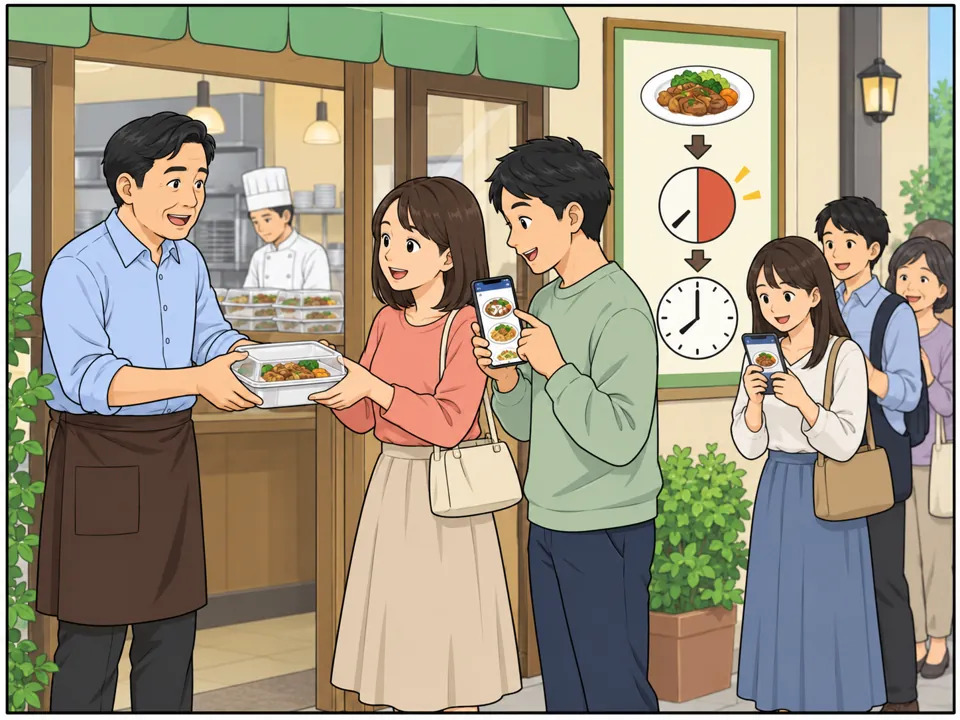 店の入口に「Half Price after 8 p.m.!」のポスター。客たちがスマホのアプリで情報を見て、料理を買いに来ている。