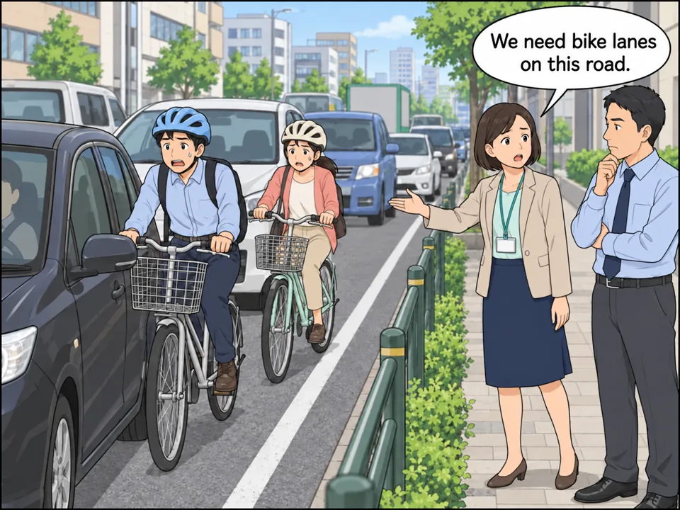 車の多い大通り。自転車に乗る人たちが車のすぐ横を危なそうに走っている。市役所の女性職員がそれを見ながら同僚に話している。 吹き出し:We need bike lanes on this road.