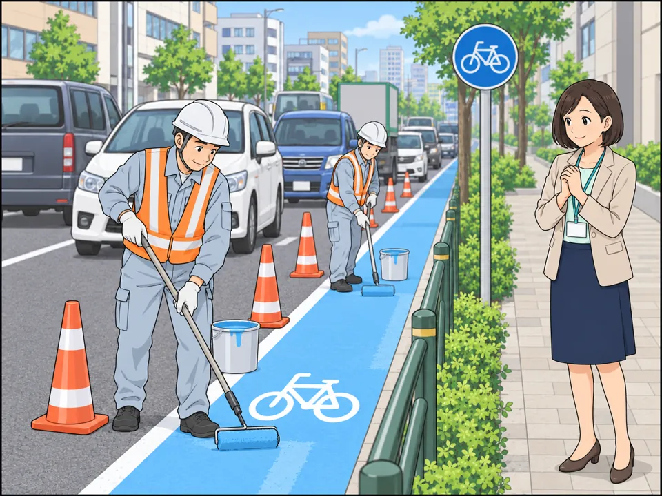 作業員たちが道路の端に青い自転車レーンを塗っている。「Bike Lane」の標識。女性が満足そうにそれを見ている。