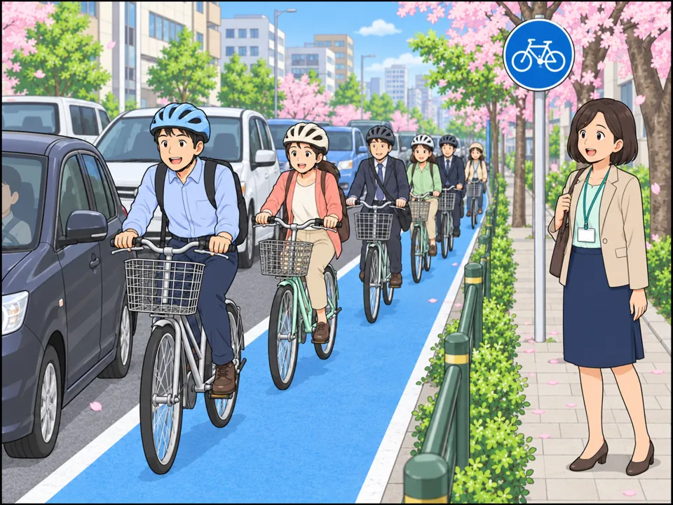 朝、たくさんの人が青いレーンを使って自転車で通勤している。みんな笑顔。女性もうれしそう。