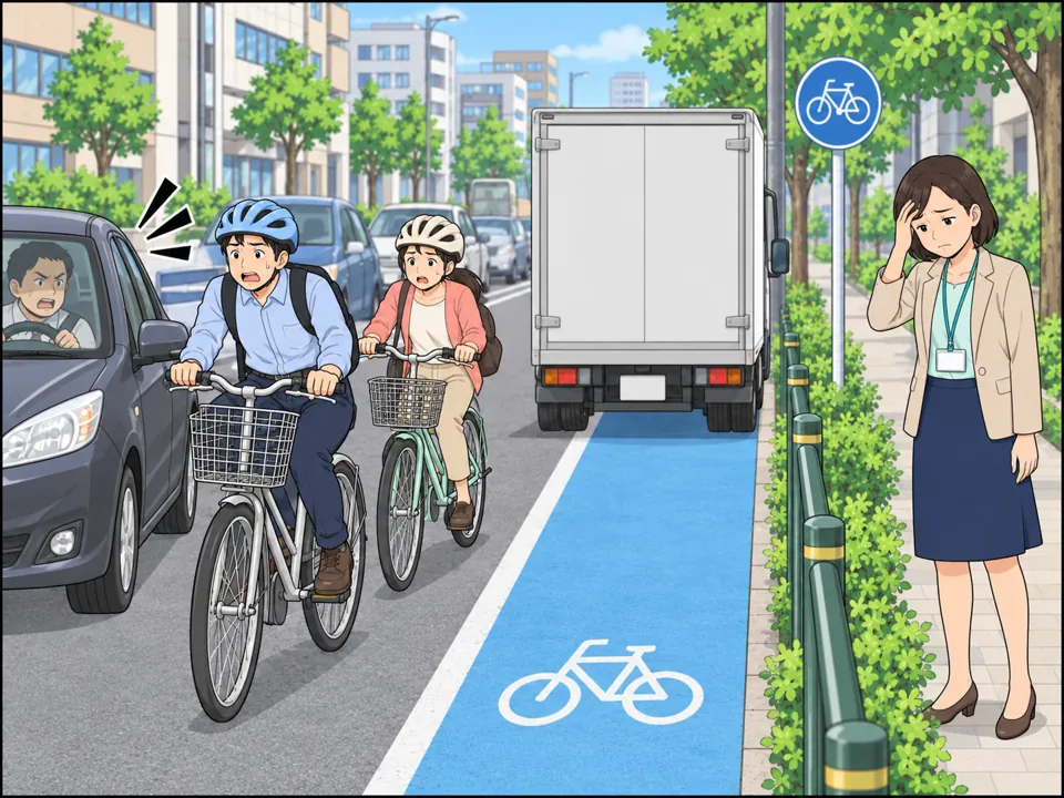 配達のトラックが自転車レーンの上にとまっている。自転車に乗った人たちがトラックをよけて車道にはみ出し、車がクラクションを鳴らしている。女性はそれを見てため息をつき、いらだった表情。