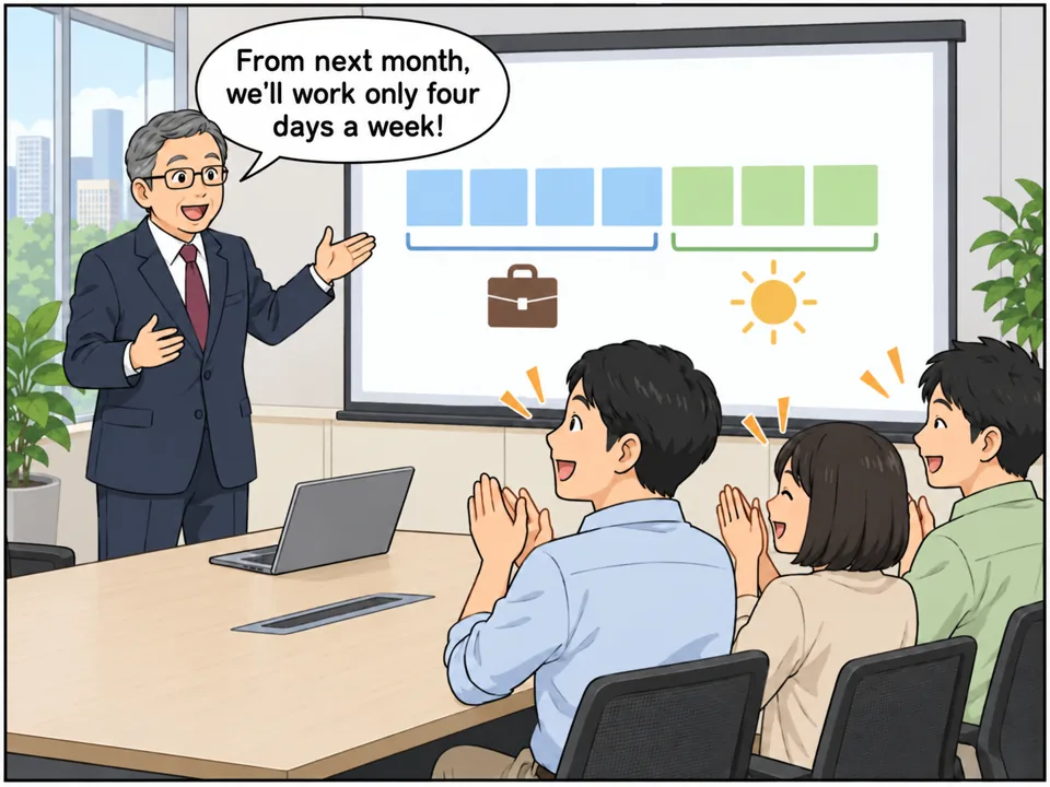 会社のオフィス。男性の社長が「4-Day Workweek」と書かれたスライドの前で話している。社員たちは拍手をして大喜び。 吹き出し:From next month, we'll work only four days a week!
