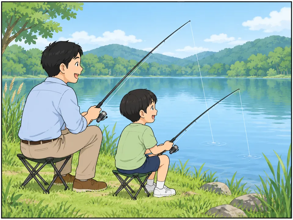 金曜日、社員の男性が息子と湖で釣りをしている。2人とも楽しそうに笑っている。
