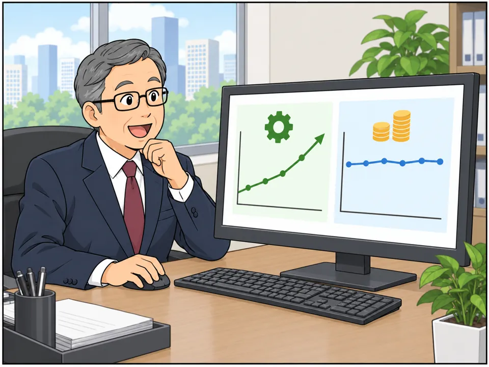 社長がパソコンで「Productivity」が上がり、売上も落ちていないグラフを見て、満足そうにほほえんでいる。