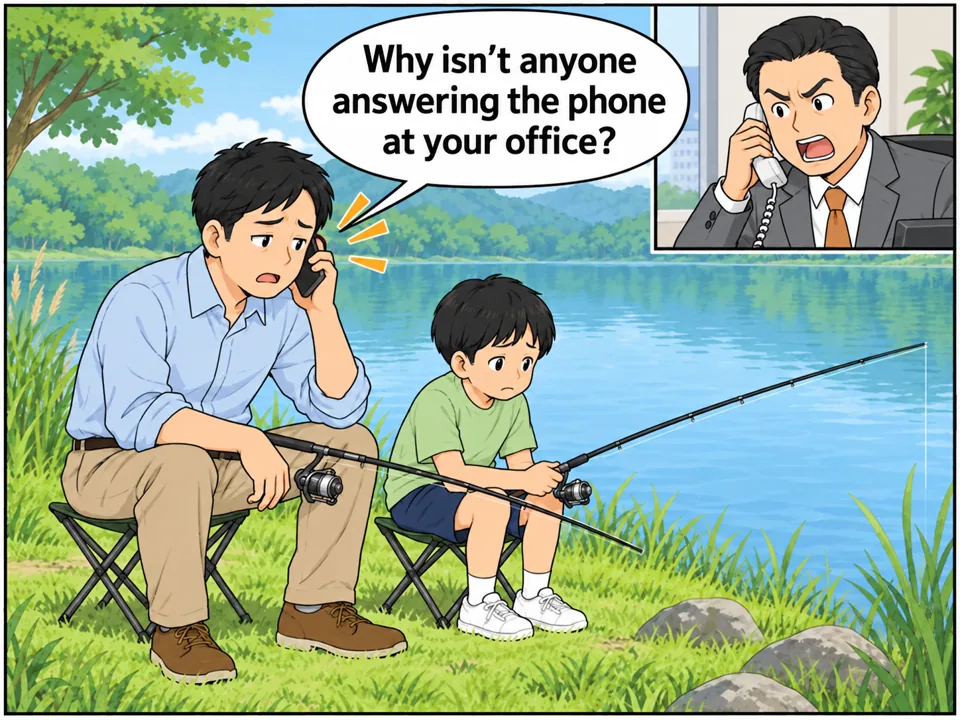 金曜日、男性が息子と湖で釣りをしているところにスマホが鳴る。電話の相手は取引先で、怒った声。男性はうんざりした顔、息子は残念そうな顔。 吹き出し:Why isn't anyone answering the phone at your office?