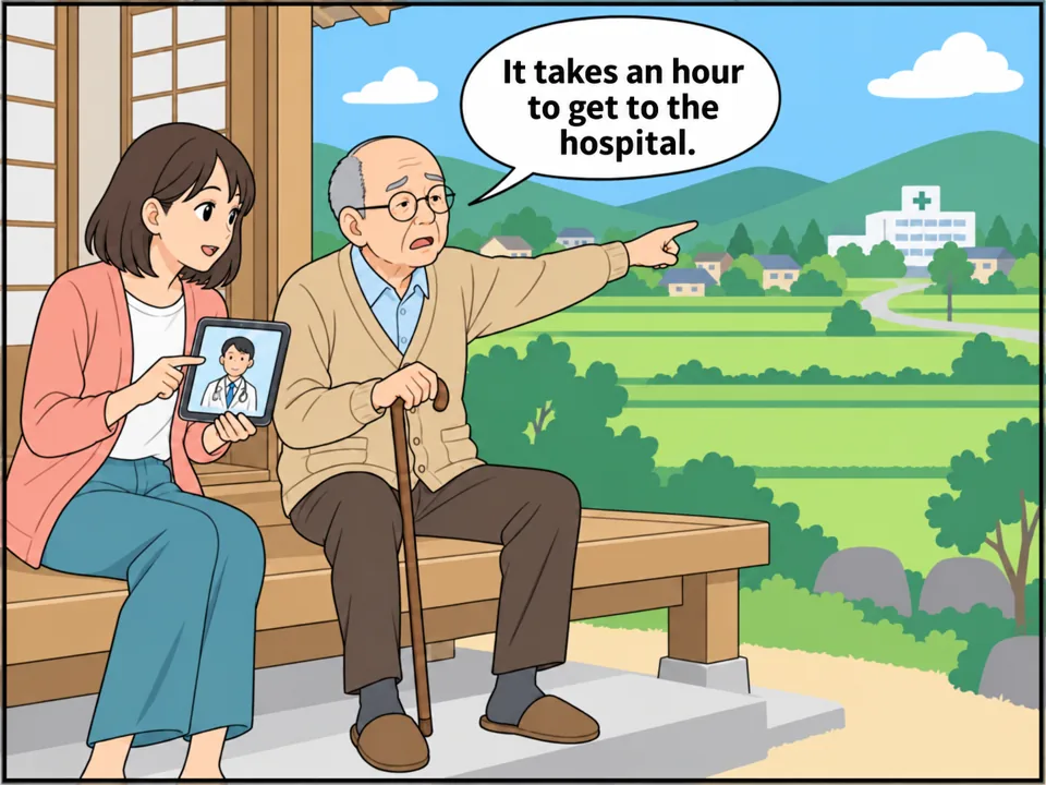 田舎の家の縁側。杖を持った祖父が、遠くの病院を指さしてため息をついている。孫娘がタブレットの画面を見せている。 吹き出し:It takes an hour to get to the hospital.