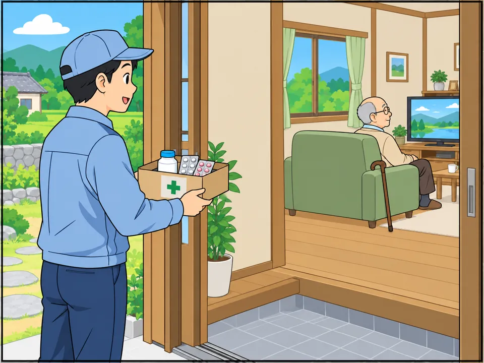 宅配の人が祖父の家に薬を届けている。部屋の中では祖父がソファでテレビを見ている。外には出ていない様子。