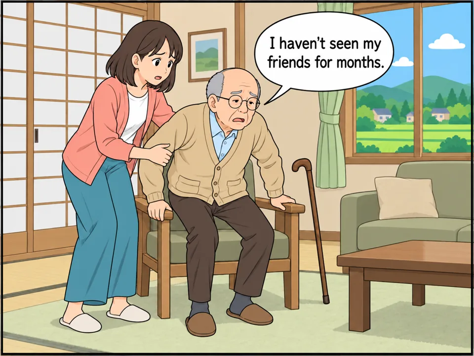 孫娘が再び訪ねてくる。祖父は椅子から立ち上がるのに苦労していて、孫娘が支えている。祖父はさびしそうに話し、孫娘は心配そうな表情。 吹き出し：I haven't seen my friends for months.
