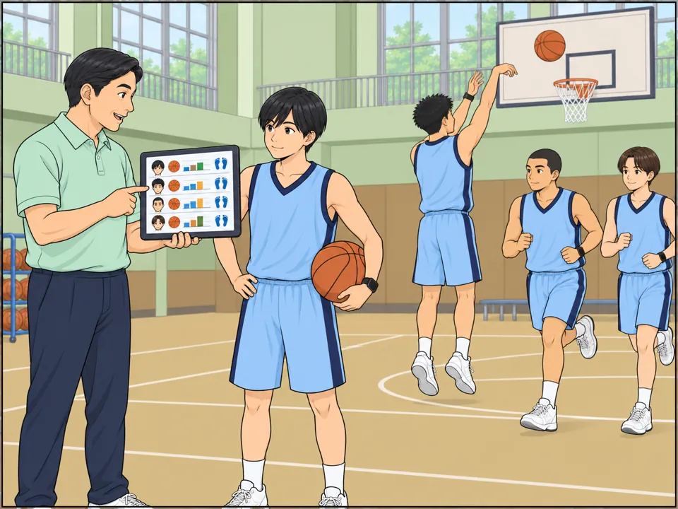練習中、コーチがタブレットで選手一人一人のシュート成功率や走った距離を確認し、選手にアドバイスしている。