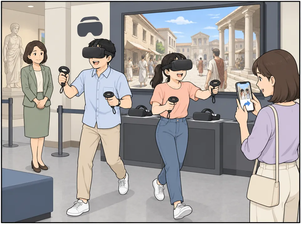美術館に新しい「VR Experience」コーナー。若者たちがVRゴーグルを着けて、古代の町を歩く体験を楽しんでいる。体験後にスマホで写真を投稿している人も。