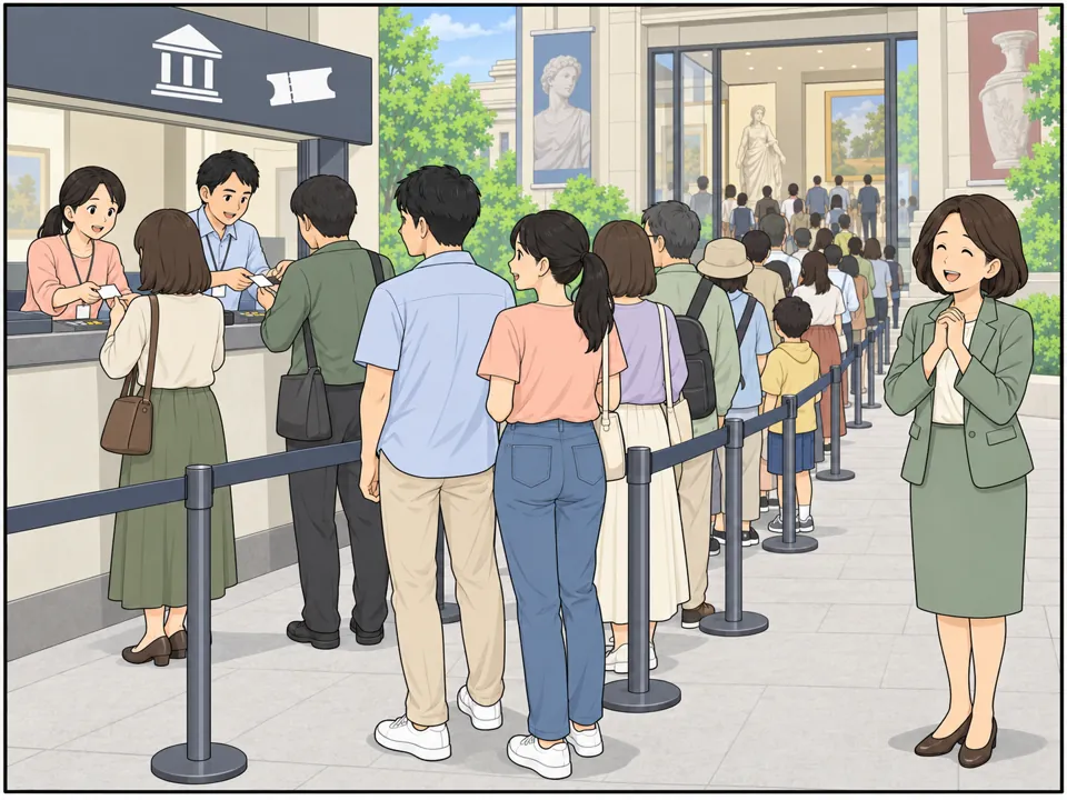 美術館の入口に長い行列。チケット売り場は大忙し。館長はそれを見て大喜び。