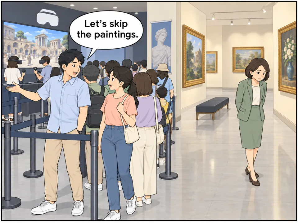 VRコーナーの前には長い行列。一方、本物の絵画が並ぶ展示室はがらがら。若い男性が友人に話しかけている。館長は誰もいない展示室を歩きながら、がっかりした表情。 吹き出し：Let's skip the paintings.