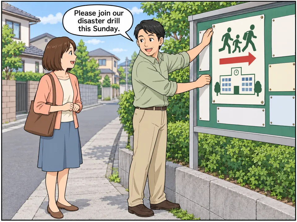町内の掲示板。男性が「Disaster Drill — Sunday, 9 a.m.」と書かれたポスターを貼りながら、通りかかった近所の女性に声をかけている。 吹き出し：Please join our disaster drill this Sunday.