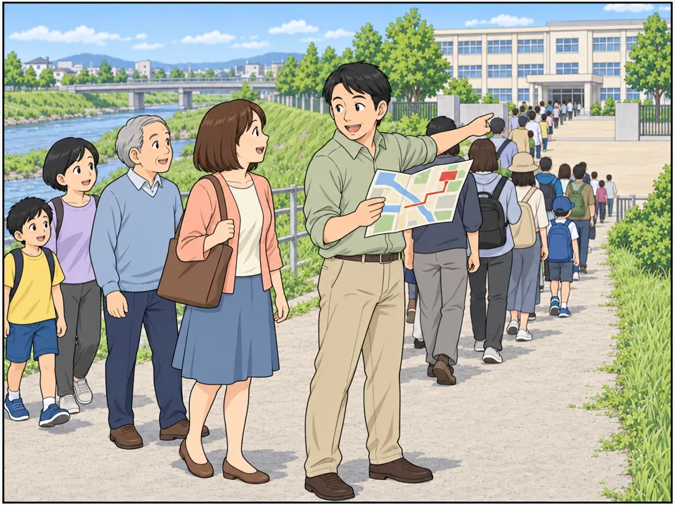大勢の住民が列になって、川沿いの道を避難所の小学校へ歩いている。男性が地図を持って先頭で案内している。