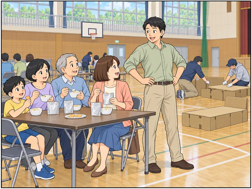 小学校の体育館。住民たちが非常食を試食しながら笑顔で話している。奥では段ボールベッドを組み立てている。男性は満足そうに胸を張っている。