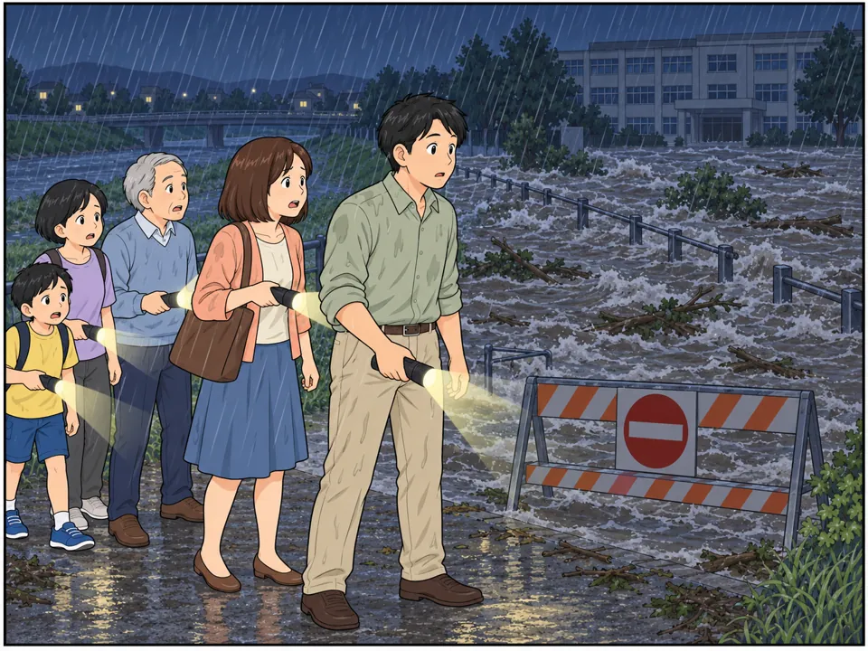 夜、激しい雨。懐中電灯を持った住民たちが、水があふれて通れなくなった川沿いの道の前で立ち往生している。「Road Closed」の看板。男性は水を見つめてぼうぜんとした表情。