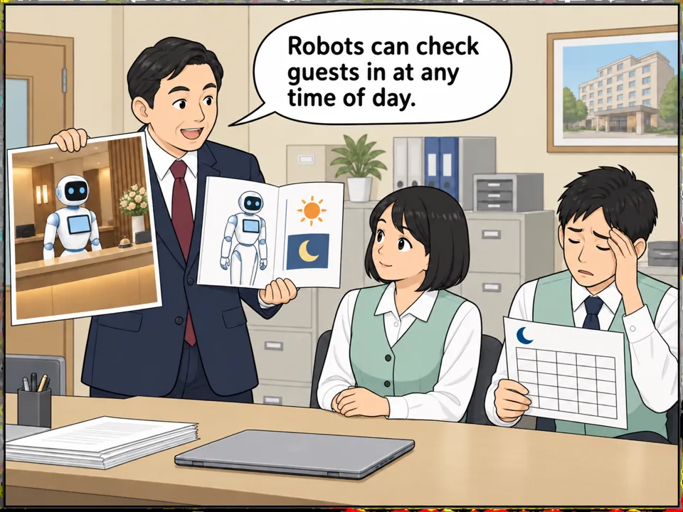 ホテルの事務室。男性の支配人が、フロントに立つロボットの写真と「Robot Check-in: 24 Hours」と書かれたパンフレットを見せながらスタッフに説明している。スタッフの一人は疲れた顔で夜勤のシフト表を持っている。 吹き出し：Robots can check guests in at any time of day.