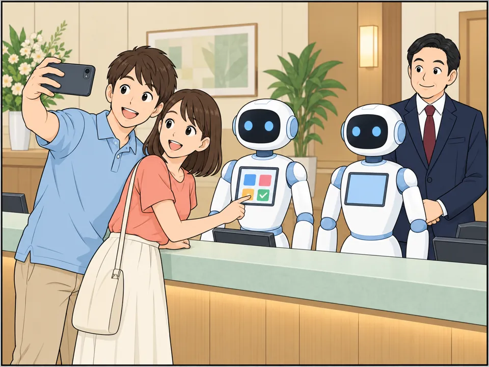 フロントに2台の人型ロボット。若いカップルがタッチパネルで手早くチェックインし、ロボットと記念写真を撮って笑っている。支配人は少し離れたところで満足そうに見ている。