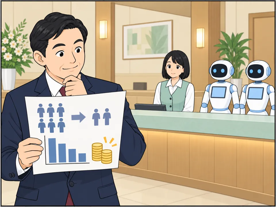 支配人が「Front desk staff: 6 → 2」と書かれた書類と、人件費が下がったグラフを見てうなずいている。フロントのカウンターには人間のスタッフが1人だけ。