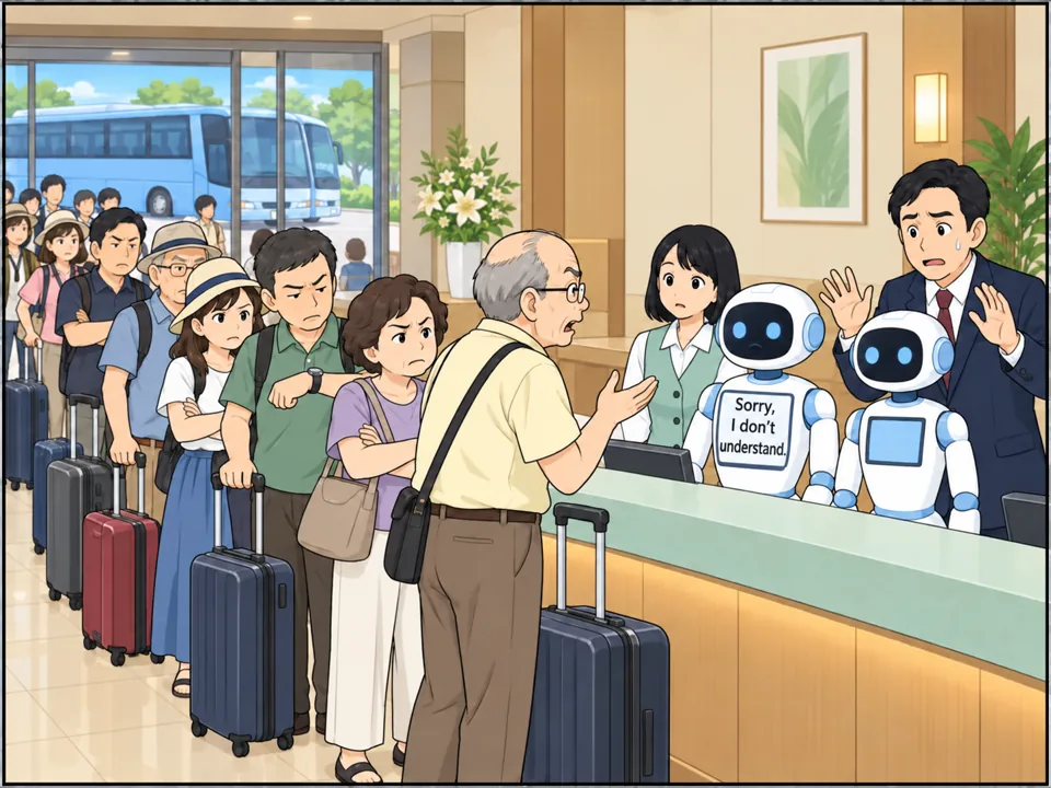 大型バスで到着した団体客がロボットの前に長い列を作っている。高齢の男性がロボットに話しかけているが、画面には「Sorry, I don't understand.」の文字。客たちはいらいらし、支配人は汗をかいて困った表情。 吹き出し：Sorry, I don't understand.