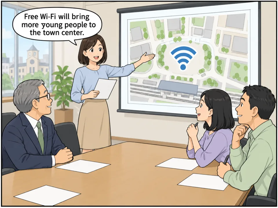 町役場の会議室。若い女性職員が「Free Wi-Fi Project」と書かれたスライドで、駅前広場にWi-Fiのマークがついた地図を示している。町長や職員たちがうなずいて聞いている。 吹き出し：Free Wi-Fi will bring more young people to the town center.