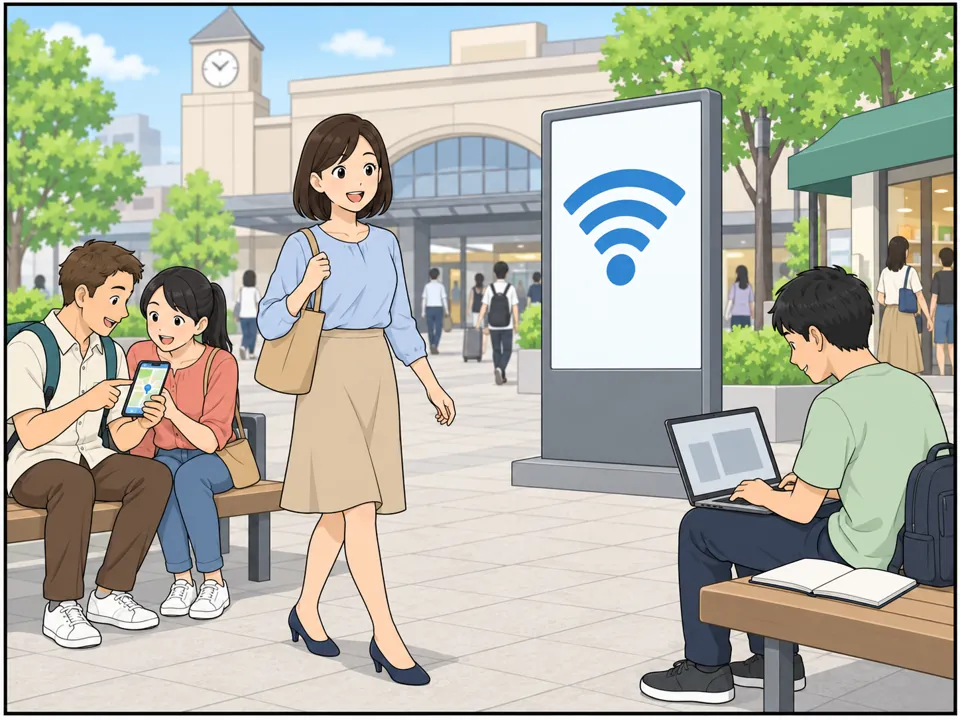 駅前広場に「FREE Wi-Fi」の看板。ベンチで観光客がスマホで地図を見たり、学生がノートパソコンで勉強したりしている。近くの店にも客が入っていて、女性は笑顔で見て回っている。