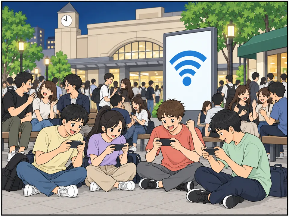 夜10時（時計台）。広場は若者でいっぱい。地面に座りこんでスマホでゲームをしたり、大きな声で笑ったりしている。ベンチに空きはない。