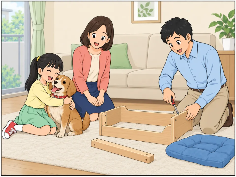 家のリビング。犬が家に来ている。娘が犬を抱きしめて笑顔。父は犬用のベッドを組み立てている。