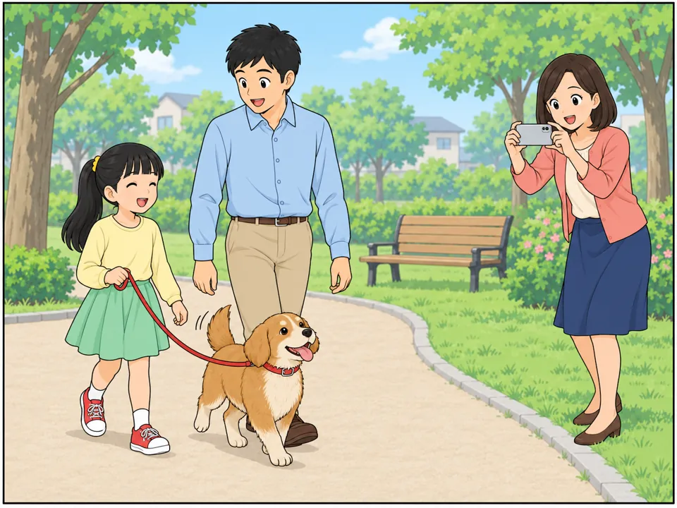 公園で娘と父が犬を散歩させている。犬はしっぽを振って楽しそう。母はスマホで写真を撮っている。