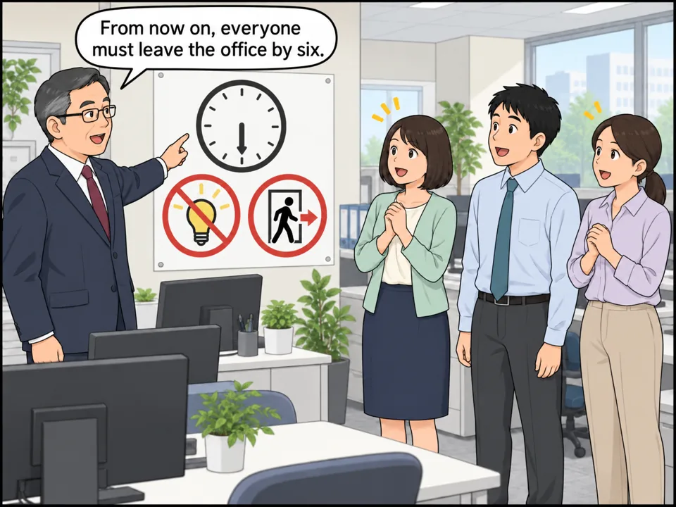 会社のオフィス。社長が「No Overtime! Lights Off at 6 p.m.」と書かれたポスターを指さして社員に話している。社員たちは驚きながらもうれしそうな顔。 吹き出し:From now on, everyone must leave the office by six.