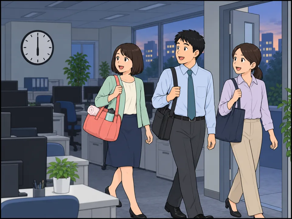午後6時、オフィスの電気が消える。社員たちが笑顔で帰っていく。一人の女性はジムのバッグを持っている。
