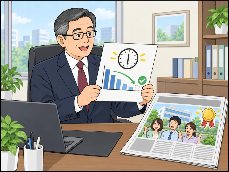 社長が「Overtime hours: 0」と書かれた報告書を見て満足そう。机の上の新聞には「A Great Place to Work」の見出しで会社が紹介されている。