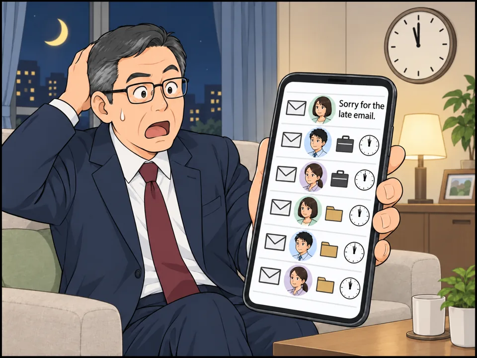 夜中、社長が自宅でスマホを見ると、社員たちから仕事のメールが次々に届いている（送信時刻 11:48 p.m.、12:05 a.m.）。画面の一通には「Sorry for the late email.」。社長はショックを受けた表情。 吹き出し：Sorry for the late email.