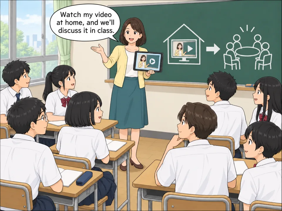 高校の教室。女性教師がタブレットに映る自分の授業動画を見せながら、生徒たちに説明している。黒板には「Watch at home → Discuss in class」。 吹き出し：Watch my video at home, and we'll discuss it in class.