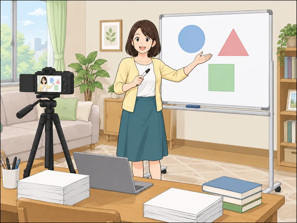 教師が自宅で、三脚に立てたカメラの前でホワイトボードを使って授業動画を撮影している。机の上にはメモの山。熱心な表情。