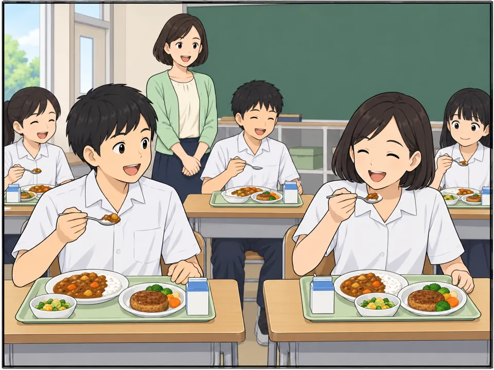 給食の時間。生徒たちが豆腐ハンバーグや野菜カレーを食べ、何人かは笑顔。栄養士が教室の後ろからうれしそうに見ている。