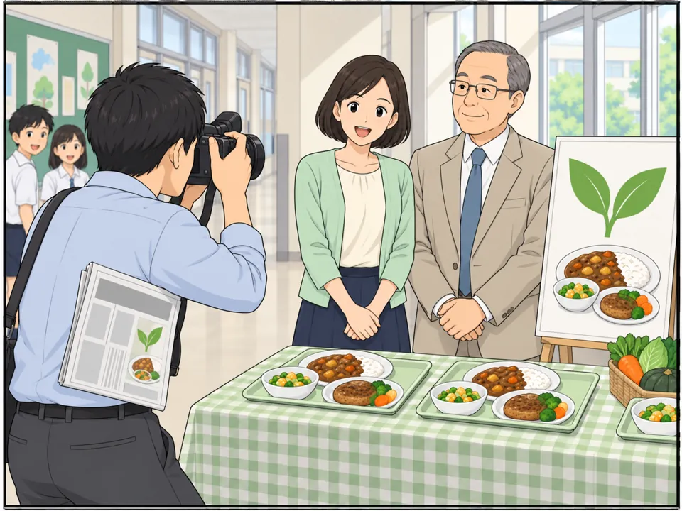 地元の新聞記者が学校に取材に来ている。記事の見出しは「Eco-Friendly School Lunches」。栄養士と校長が笑顔で写真に写っている。