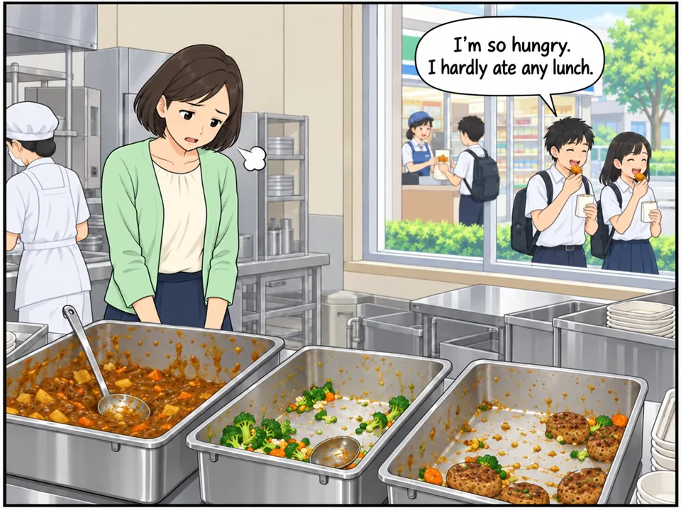 月曜日の給食室。戻ってきた食缶に野菜料理がたくさん残っている。窓の外では、下校中の生徒たちがコンビニでから揚げを買って食べている。栄養士は残った料理を見てため息をついている。 吹き出し:I'm so hungry. I hardly ate any lunch.