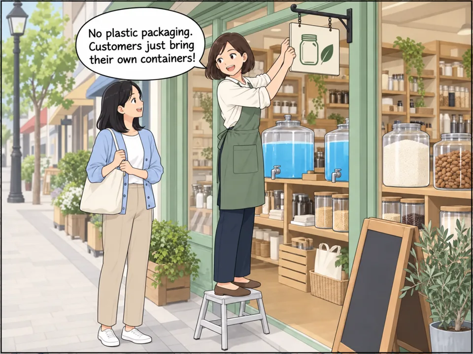 商店街の小さな店。若い女性が「Refill Shop — Bring Your Own Container」と書かれた看板を取り付けながら友人に話している。店内には洗剤、米、ナッツなどが入った大きな容器が並んでいる。 吹き出し：No plastic packaging. Customers just bring their own containers!