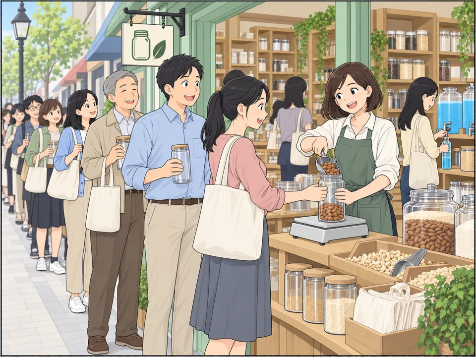 店の前に長い行列。客たちが持ってきたびんや袋に、洗剤やナッツを量って入れている。店主の女性はうれしそうに接客している。